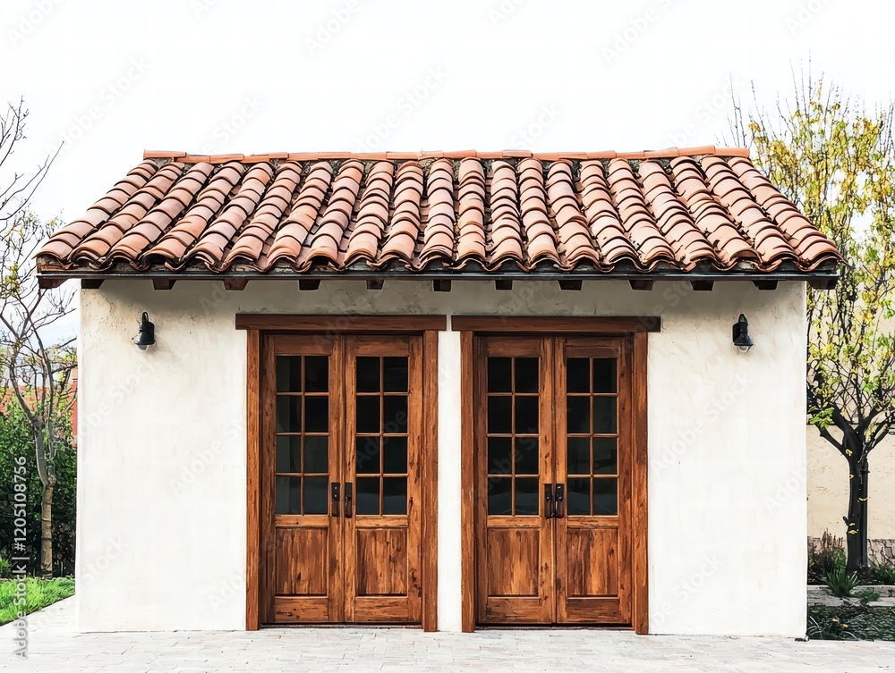 A French-inspired utility shed with stucco walls, tiled roofing, and wooden double doors A French-inspired utility shed with stucco walls, tiled roofing, and wooden double doors