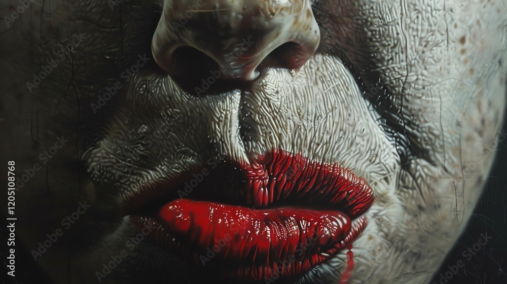 Obraz premium Close-up of a woman's face with red lipstick. The woman's skin is pale and cracked, and her lips are slightly parted.