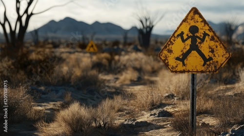 Rustic Desert Landscape with Weathered Warning Sign and Distant Mountains photo