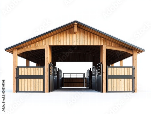 Modern Horse Stable:  A contemporary design of a horse stable showcasing clean lines, natural wood, and black accents, offering a functional and aesthetically pleasing shelter for horses. 