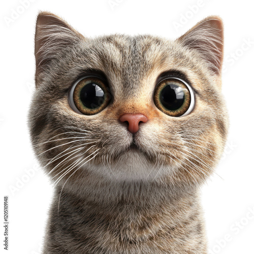 A close-up of a cute cat with large eyes and a curious expression.