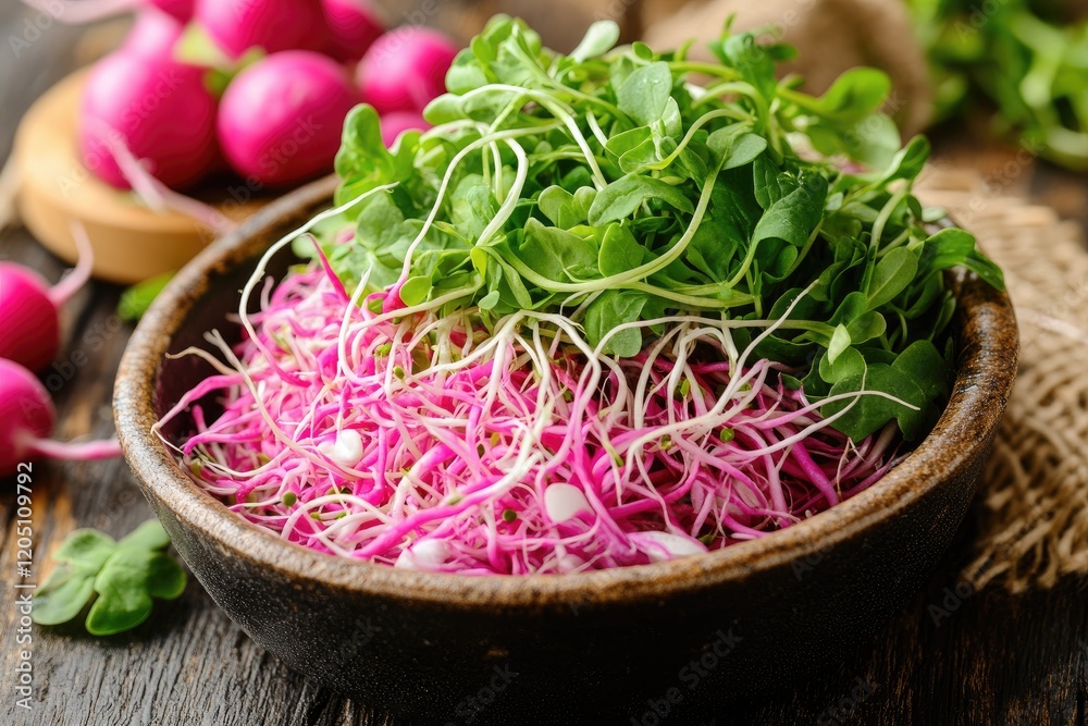 Fresh Radish Sprouts in Rustic Bowl on Wooden Table - Organic Healthy Eating Fresh Radish Sprouts in Rustic Bowl on Wooden Table - Organic Healthy Eating
