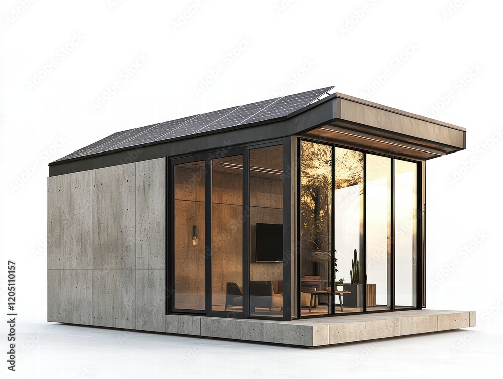 Modern Tiny House Architectural Design:  Sleek, contemporary tiny house design featuring concrete and glass construction, solar panels, and expansive glass windows offering views of a lush landscape.