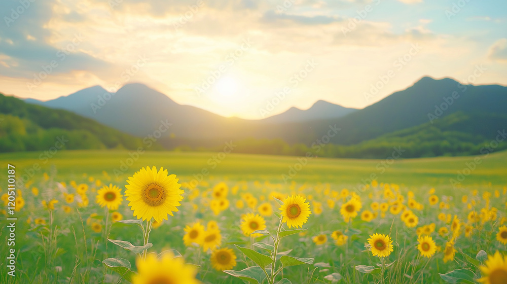 Obraz premium Sunlit Sunflower Field: A vast, rolling field of vibrant yellow sunflowers basks in the golden glow of a breathtaking sunset, with a backdrop of majestic mountains.
