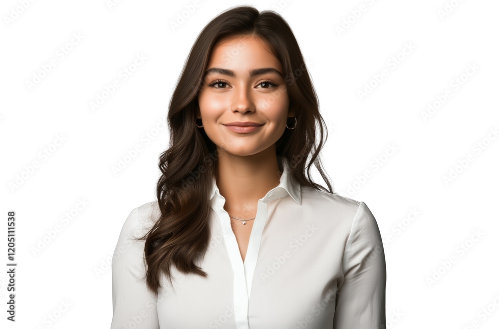Portrait of a beautiful, smiling woman wearing a white shirt and a leather skirt, isolated on a transparent background Portrait of a beautiful, smiling woman wearing a white shirt and a leather skirt, isolated on a transparent background