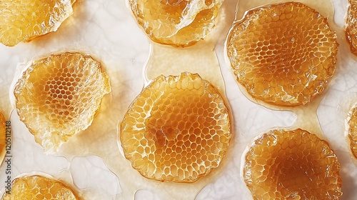 Fresh honeycombs placed on a white surface with golden honey naturally pooling around the combs