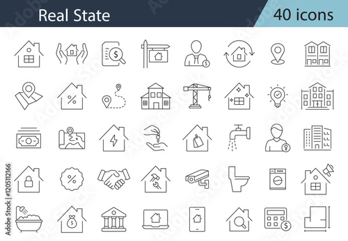 Real state Line Editable Icons set. Includes house, moving home, key, insurance, garage, budget, Construction tools, builders and equipment. Builder, crane, engineering, equipment, helmet, and more.