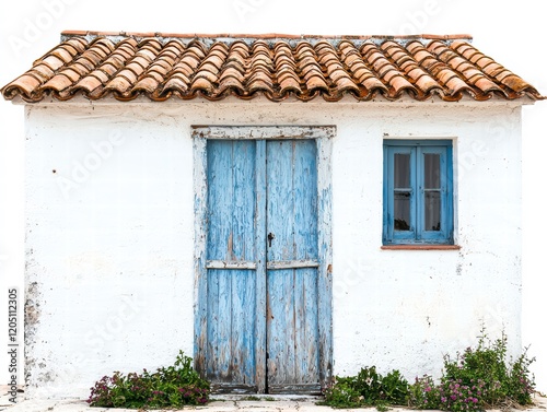 Mediterranean Cottage Charm: A charming whitewashed cottage with a terracotta roof and weathered blue wooden doors and window stands proudly against a sunny backdrop.