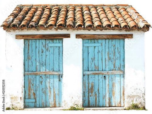 Mediterranean Outbuilding: A charming rustic outbuilding with weathered, light blue double doors and a terracotta tiled roof, evokes a sense of Mediterranean charm and old-world craftsmanship.  