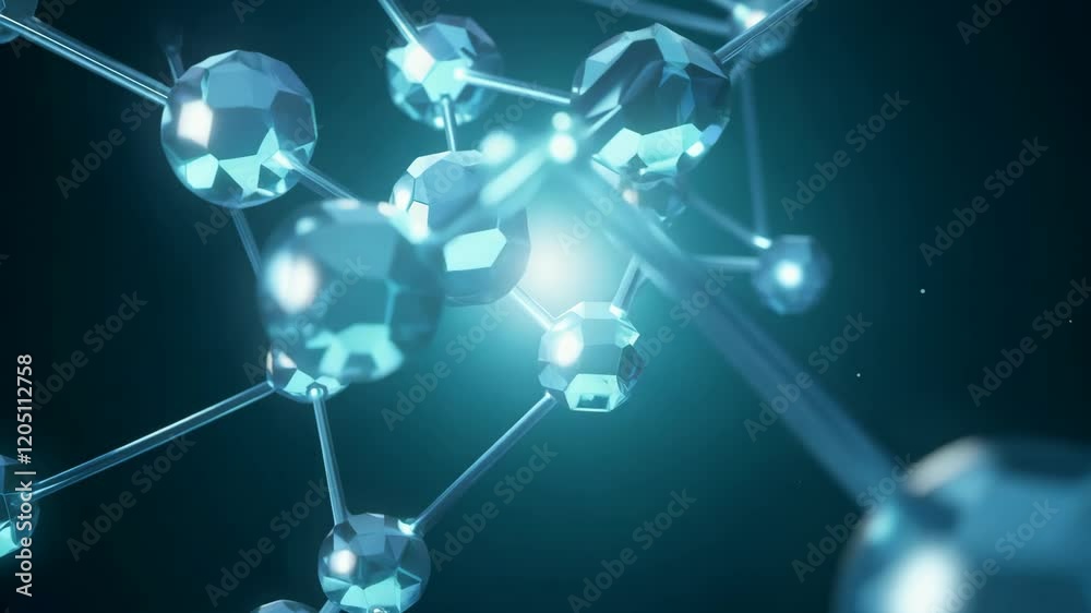 A glowing 3D molecular structure with interconnected elements and crystal-like textures on a dark background. 4k Video footage. A glowing 3D molecular structure with interconnected elements and crystal-like textures on a dark background. 4k Video footage.