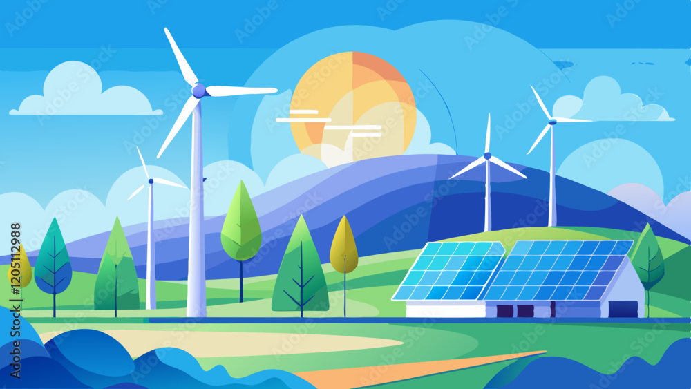 AI Generated serene landscape featuring wind turbines, solar panels, and a clear blue sky with soft gradient tones AI Generated serene landscape featuring wind turbines, solar panels, and a clear blue sky with soft gradient tones