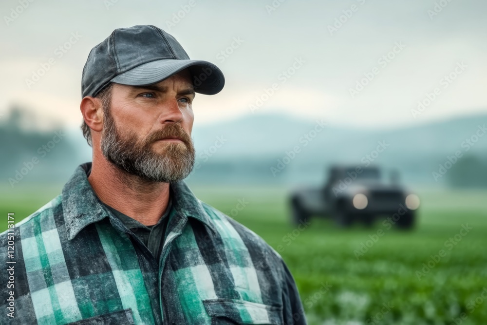 Farmer stands in a lush green field with mountains in the background during early morning hours Farmer stands in a lush green field with mountains in the background during early morning hours