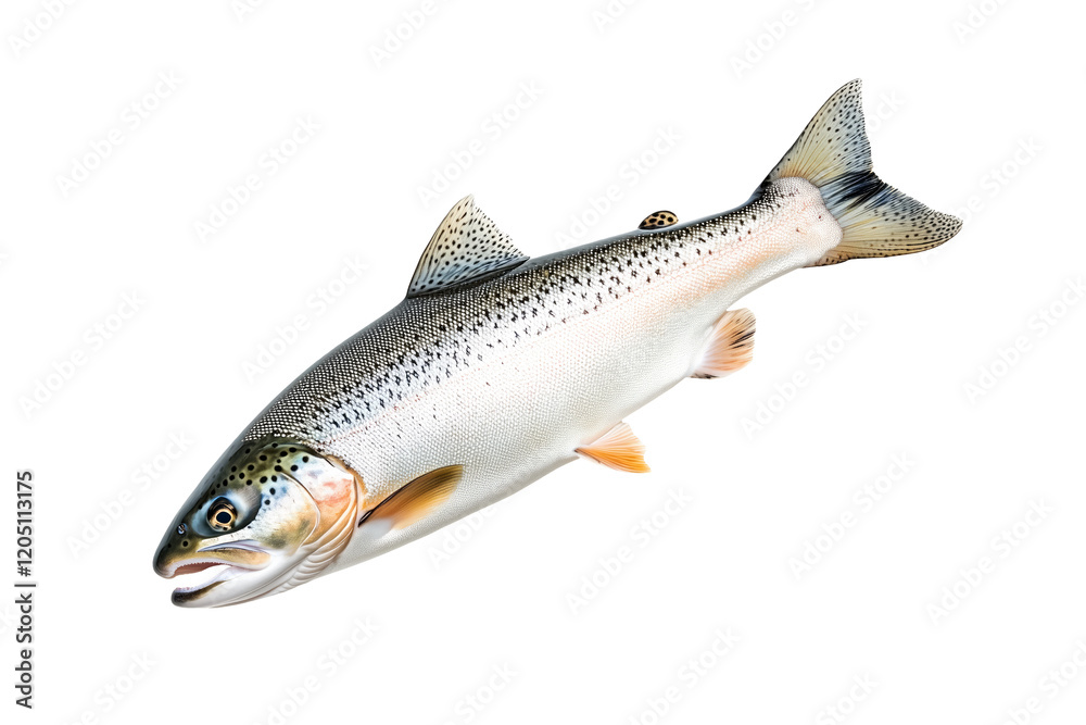 Closeup of trout fish with spotted scales, fins and open mouth isolated on white transparent background, concept of wildlife Closeup of trout fish with spotted scales, fins and open mouth isolated on white transparent background, concept of wildlife