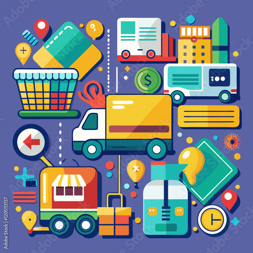 AI Generated vibrant e-commerce icons featuring shopping carts, credit cards, discount tags, and delivery trucks in a clean and modern style