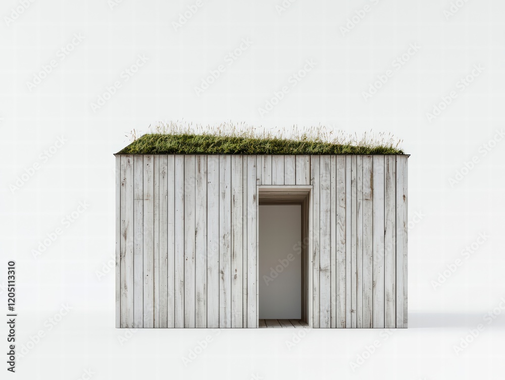 Minimalist Green Roof Cabin: A simple wooden cabin with a verdant green roof and a single open doorway stands against a minimalist backdrop, embodying a tranquil and sustainable lifestyle. Minimalist Green Roof Cabin: A simple wooden cabin with a verdant green roof and a single open doorway stands against a minimalist backdrop, embodying a tranquil and sustainable lifestyle.