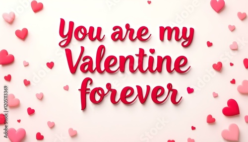 You are my Valentine forever, with bold red letters and decorative hearts in various shades of red against a soft, light background