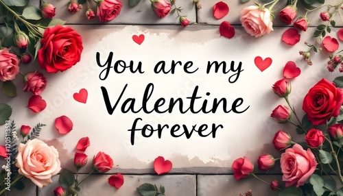 You are my Valentine forever, with bold red letters and decorative hearts in various shades of red against a soft, light background
