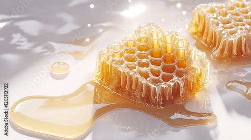 Fresh honeycombs glistening with honey on a white surface with honey naturally pooling softly around