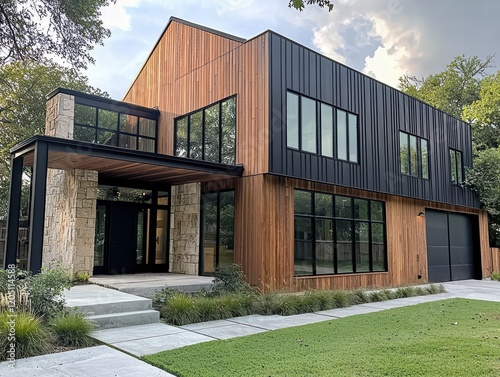 Modern Architectural Home: A stunning contemporary house with a blend of wood, stone, and metal accents, showcasing sleek lines, expansive windows, and a modern design aesthetic.