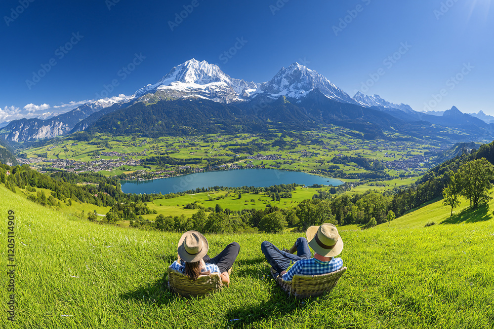 Naklejka premium Paar entspannt mit Blick auf die idyllische Berglandschaft und den See – Erholung in der Natur mit spektakulärem Alpenpanorama 