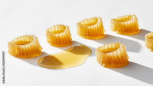 Honey-filled combs glistening with honey on a white surface with honey spreading naturally around them