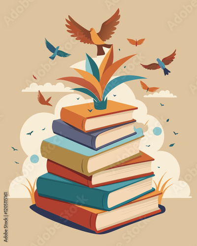 AI Generated symbolic illustration of books with pages transforming into flying birds, representing knowledge and freedom in soft earth tones