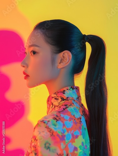 Woman with ponytail in colorful dress