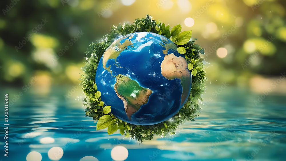 A globe with water, showing continents and oceans in a 3D space, symbolizing the Earth’s environment and nature A globe with water, showing continents and oceans in a 3D space, symbolizing the Earth’s environment and nature