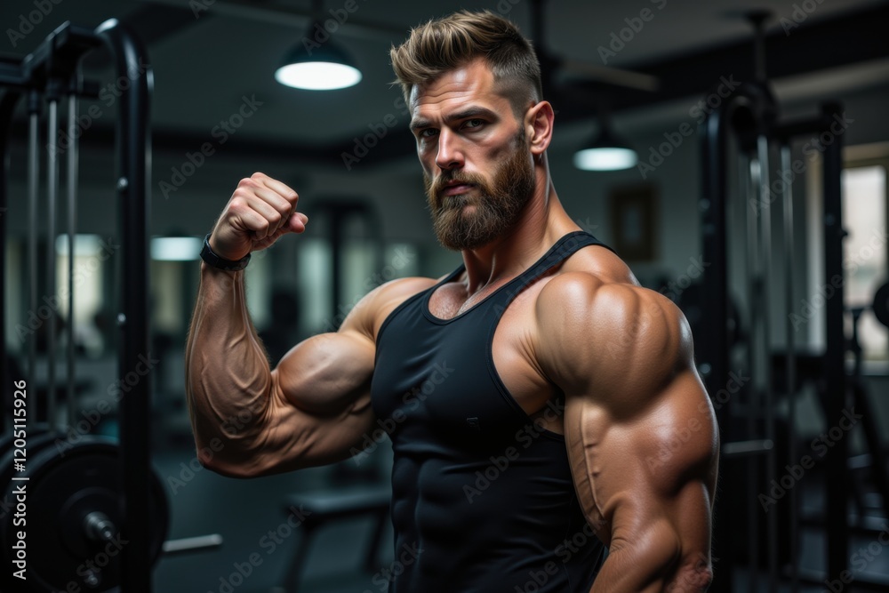 Portrait of a strong bearded man flexing his biceps in a modern gym. A powerful image showcasing strength, fitness, and dedication, perfect for health and bodybuilding promotions. Portrait of a strong bearded man flexing his biceps in a modern gym. A powerful image showcasing strength, fitness, and dedication, perfect for health and bodybuilding promotions.
