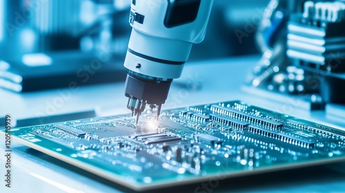 A robotic arm performing intricate soldering on electronic circuit boards in a clean, high-tech electronics lab, modern and precise environment with a focus on electronics manufacturing