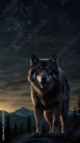 A majestic werewolf stands atop a misty, moonlit mountain, its furry body silhouetted against a dark, starry night sky
