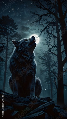 A majestic werewolf stands atop a misty, moonlit mountain, its furry body silhouetted against a dark, starry night sky