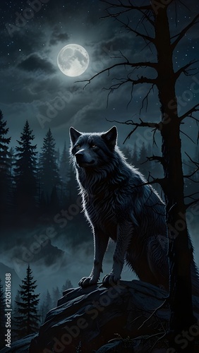 A majestic werewolf stands atop a misty, moonlit mountain, its furry body silhouetted against a dark, starry night sky