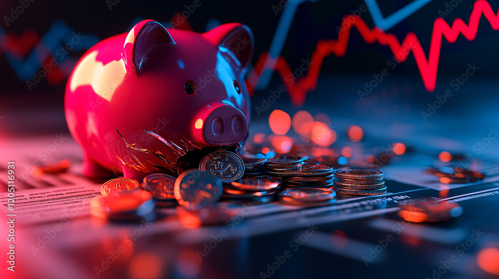 Obraz premium Kaputtes Sparschwein vor fallenden Aktienkursen