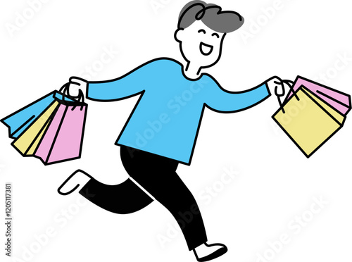 Man running happily with shopping bags