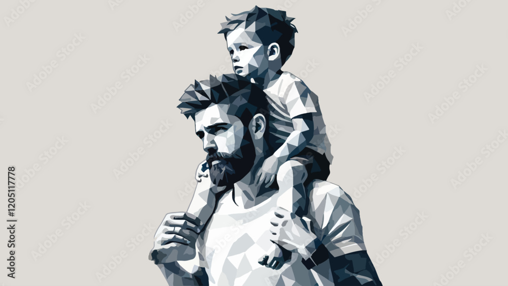 Portrait of a father carrying his child on his shoulders in low poly style