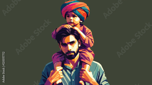 Portrait of a father carrying his child on his shoulders in low poly style