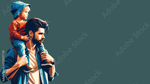 Portrait of a father carrying his child on his shoulders in low poly style