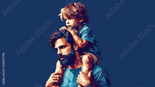 Portrait of a father carrying his child on his shoulders in low poly style