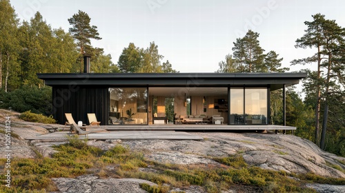 Modern Cabin Retreat: A sleek black cabin with expansive glass windows and a wooden deck blends seamlessly with the rugged rocky terrain and lush forest backdrop.
