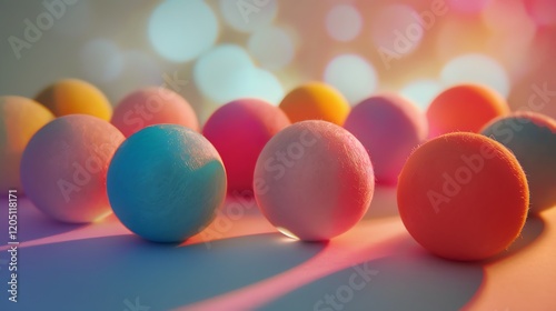 3D rendering of a group of fluffy balls in pastel colors on a table with a blurred background.