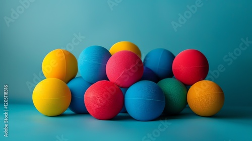 Wallpaper Mural Colorful balls of various sizes are arranged in a haphazard stack against a blue background. The balls are red, blue, yellow, and green. Torontodigital.ca