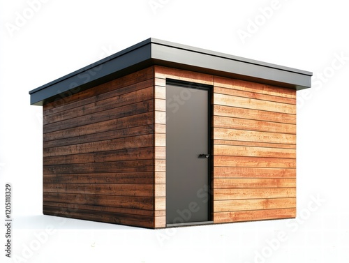 Modern Garden Shed: Contemporary design garden shed with dark gray roof and wooden walls, offering a stylish and functional storage solution for outdoor equipment and tools. photo