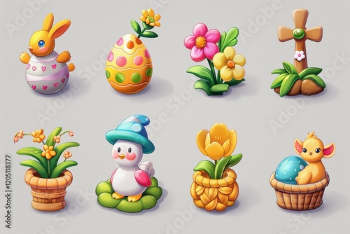 Set of Easter themed cartoon characters and flowers