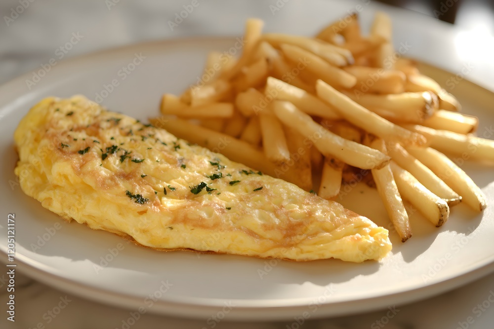 Omelette and crispy fries on a plate, minimalist background setting Omelette and crispy fries on a plate, minimalist background setting