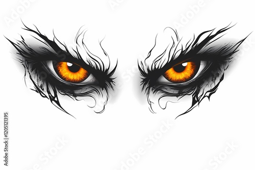 Fierce Glowing Eyes Art: A Digital Illustration of Two Angry, Intense Orange Eyes with Black Ink Details on White Background