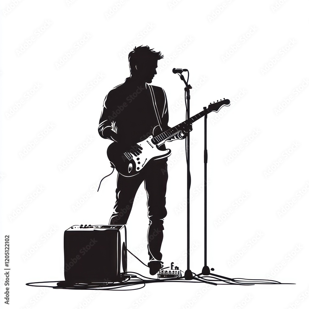 Obraz premium Musician playing guitar on stage, spotlight background.