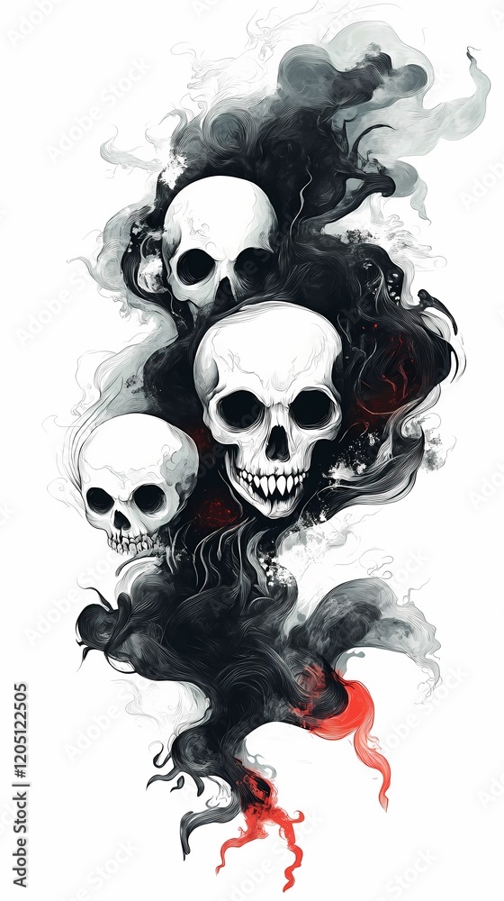 Fototapeta premium Three Skulls Emerging from Dark Smoke: A Digital Painting