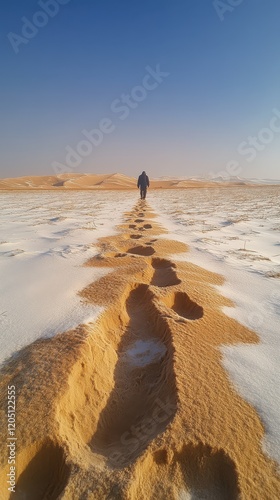 Exploring the open landscape of Liangyadan Erbo in Qinghai, China with distinct footprints leading across the sandy terrain under a clear sky photo