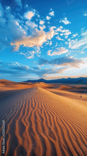 Vast golden sand dunes under a vibrant sky in Liangyadan Erbo, Qinghai China during sunset, showcasing the beauty of the open landscape and serene atmosphere photo